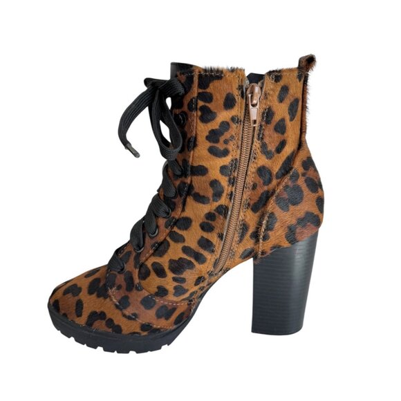 Express Womens Combat Boots Size 10 Leopard Animal Fur Block Heel Lace Up - Picture 6 of 10